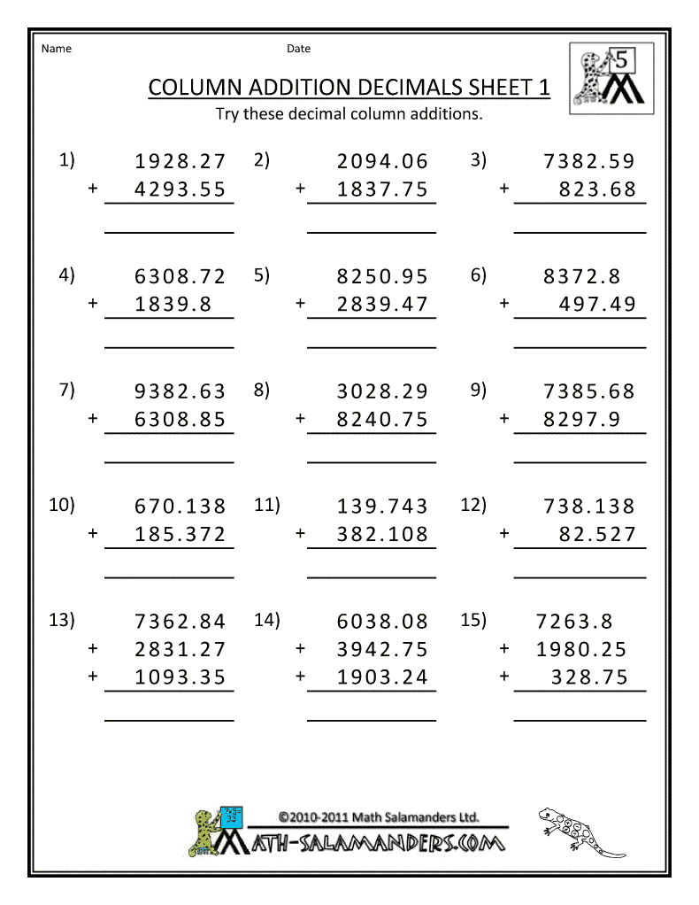 30 Addition Worksheets Class 5