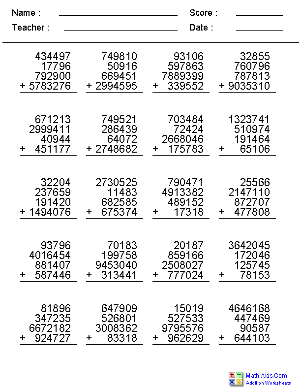 35 Addition Worksheets Class 5